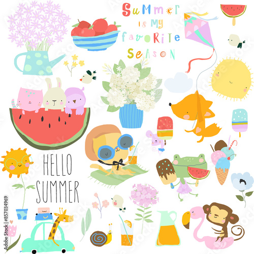 Vector Set with Funny Animals meeting Summer