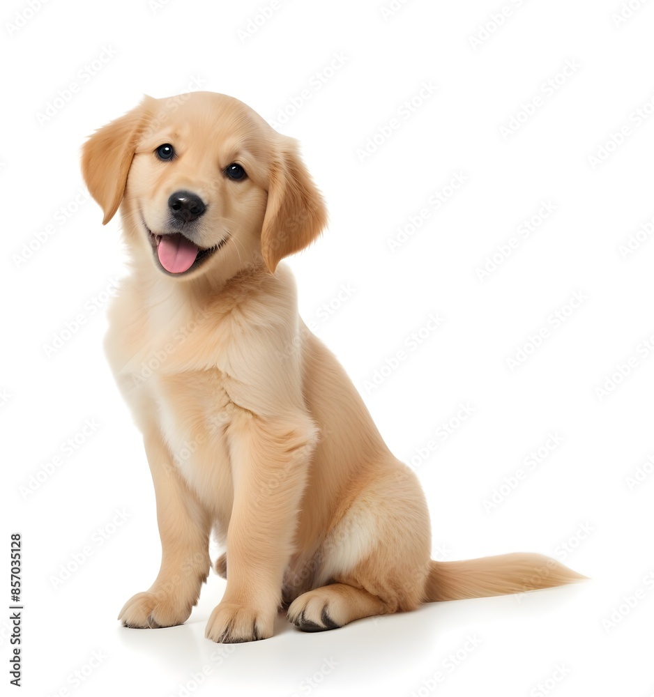 A golden retriever puppy with a happy, smiling expression sitting on a white background A golden retriever puppy with a happy, smiling expression sitting on a white background