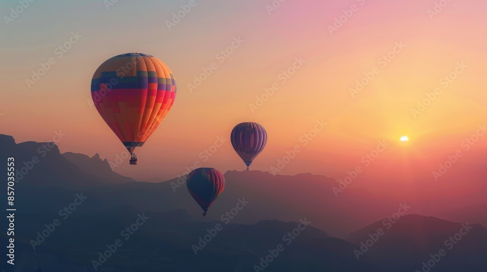 Fototapeta premium picture of hot air balloons floating over the mountains at sunrise, copy and text space, 16:9