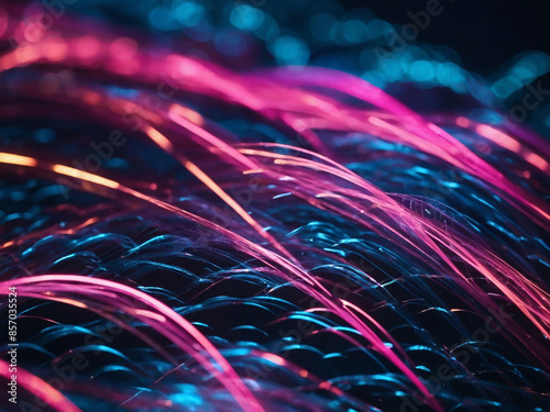 Vibrant abstract backdrop, pink-blue neon waves, fast-moving lines, bokeh lights.