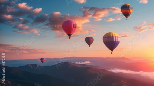picture of hot air balloons floating over the mountains at sunrise, copy and text space, 16:9