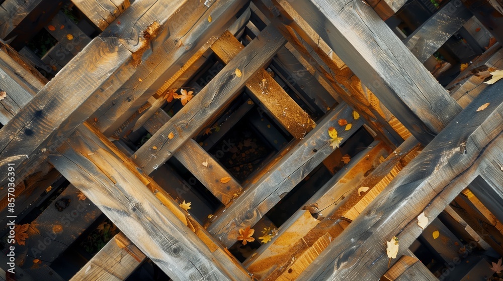 Lumber beams form an intricate maze, seen from above. Scattered leaves add a natural, rustic touch. Lumber beams form an intricate maze, seen from above. Scattered leaves add a natural, rustic touch.