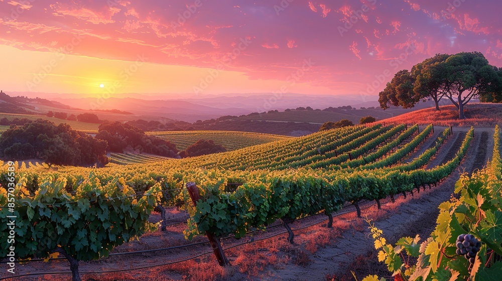Naklejka premium A tranquil vineyard at sunset, with rows of grapevines stretching towards the horizon and the warm glow of the evening sun bathing the landscape in golden light. Illustration, Minimalism,