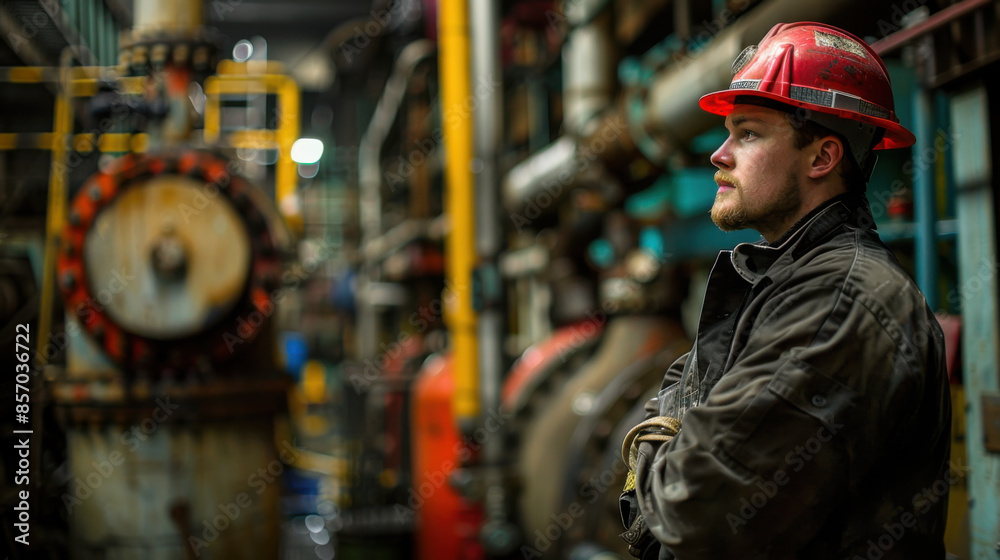 Focused industrial worker with a red helmet and gloves, standing confidently in a factory setting with heavy machinery. Focused industrial worker with a red helmet and gloves, standing confidently in a factory setting with heavy machinery.
