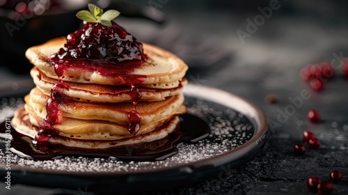 Freshly made pancakes topped with tasty jam displayed on a ceramic dish against a dark concrete backdrop