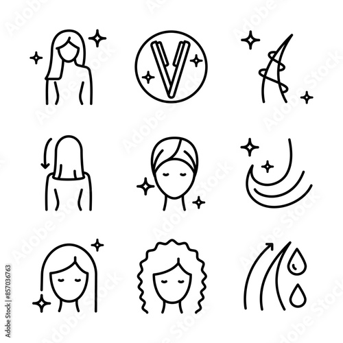 Hair straightener icons set for hair care treatment and beauty or woman salon, outline vector. Hair straightener appliance for female haircut straightening and haircare cosmetic treatment symbols
