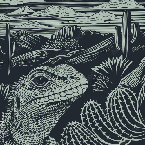 Mexican lizard and desert with cacti, vector