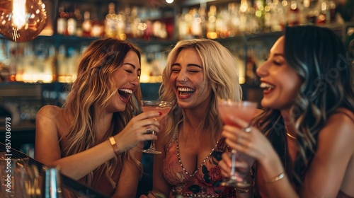 a group of glamorous, trendy high fashion 20yr old women having cocktails, laughing, in a modern trendy upscale style bar.