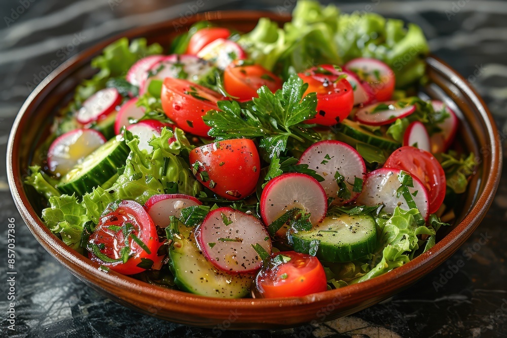 A fresh vegetable salad with lettuce, cherry tomatoes, cucumbers, radishes, and a light vinaigrette dressing, garnished with herbs. A fresh vegetable salad with lettuce, cherry tomatoes, cucumbers, radishes, and a light vinaigrette dressing, garnished with herbs.