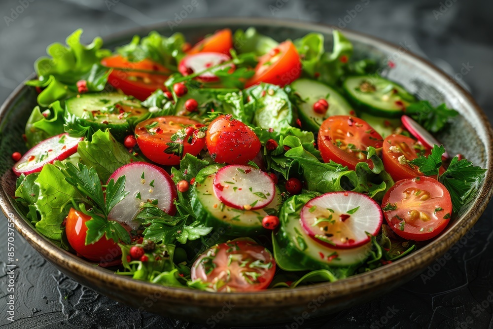 A fresh vegetable salad with lettuce, cherry tomatoes, cucumbers, radishes, and a light vinaigrette dressing, garnished with herbs. A fresh vegetable salad with lettuce, cherry tomatoes, cucumbers, radishes, and a light vinaigrette dressing, garnished with herbs.