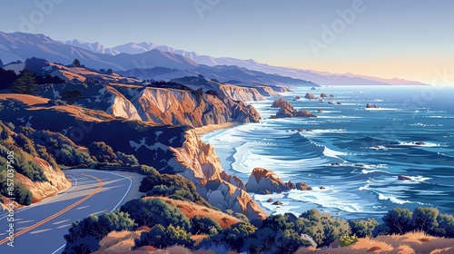 The rugged coastline of Big Sur, with dramatic cliffs plunging into the Pacific Ocean below, offering breathtaking views and opportunities for exploration. Illustration, Minimalism, © DARIKA
