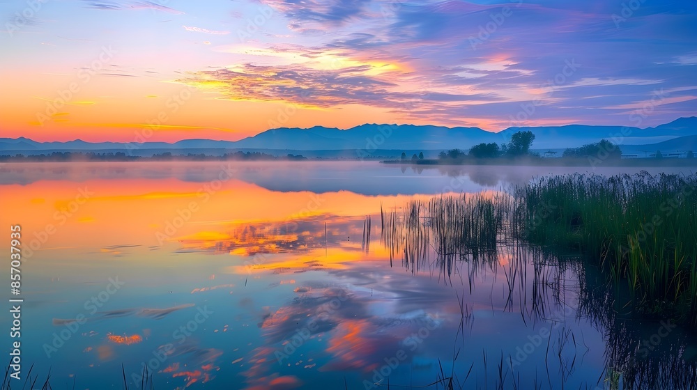 Serene Sunrise over Tranquil Lake with Mist and Distant Mountains Serene Sunrise over Tranquil Lake with Mist and Distant Mountains