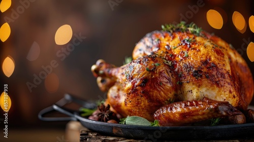 Close up perspective of freshly roasted chicken displayed horizontally photo
