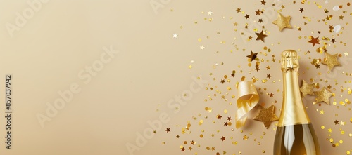 A champagne bottle with a burst of gold confetti, stars on a beige golden background with copyspace, flat lay top view banner for luxury Christmas, New year, birthday © Business Image