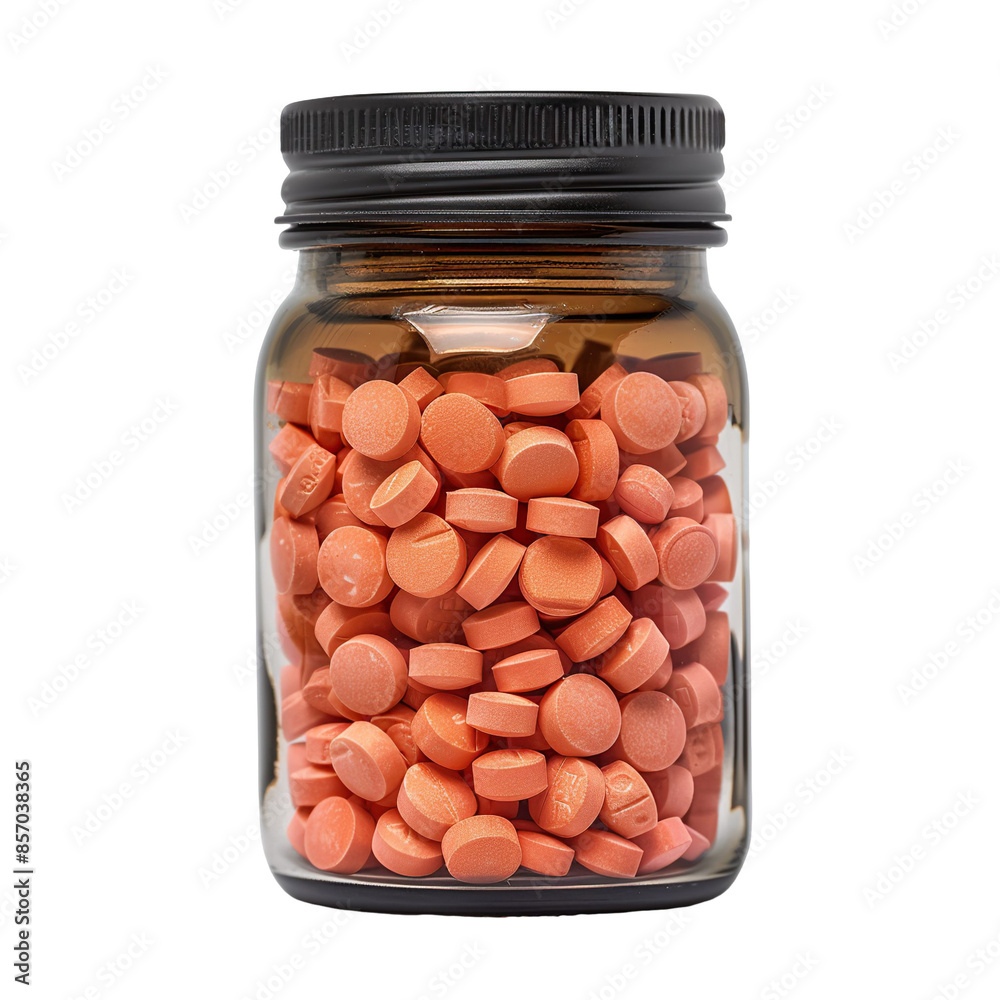 Front view of many coral birth control pills in a pill jar isolated on a white transparent background Front view of many coral birth control pills in a pill jar isolated on a white transparent background