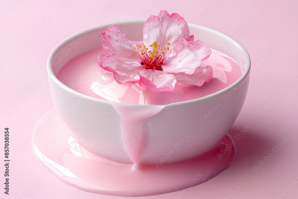 A soft pink flower floats in a white bowl filled with pastel-colored liquid, creating a serene and dreamy atmosphere. A minimalist and delicate floral scene.