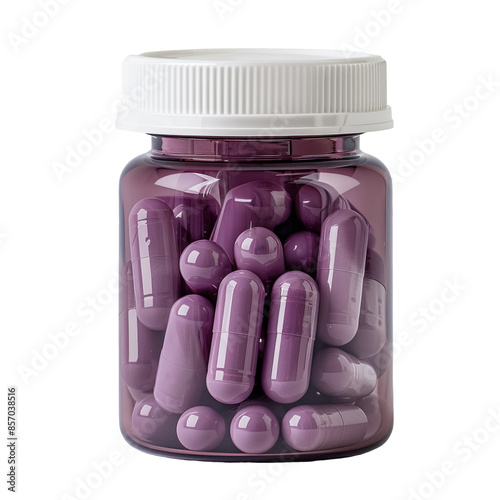 Front view of many mauve anti-anxiety pills in a pill jar isolated on a white transparent background photo