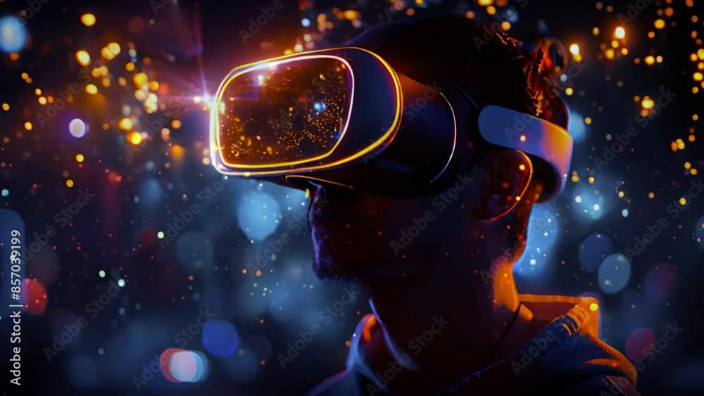 Cyber gamer in VR glasses plays virtual reality game in neon futuristic space. Cyberpunk fashion gaming concept. Young man in metaverse VR virtual game playing concept 4k Cyber gamer in VR glasses plays virtual reality game in neon futuristic space. Cyberpunk fashion gaming concept. Young man in metaverse VR virtual game playing concept 4k