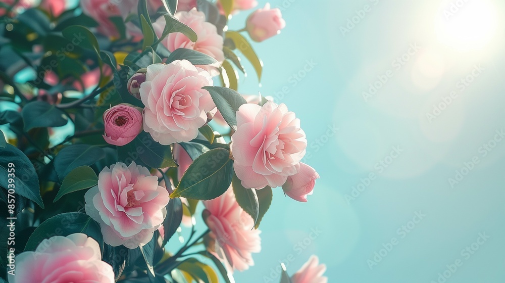 Fototapeta premium pink rose flowers in the field under blue sky background copy space for text