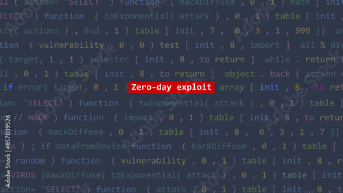 Cyber attack zero-day exploit text in foreground screen of code editor developer studio point of vue. Vulnerability text in binary system ascii. Text in English, English text