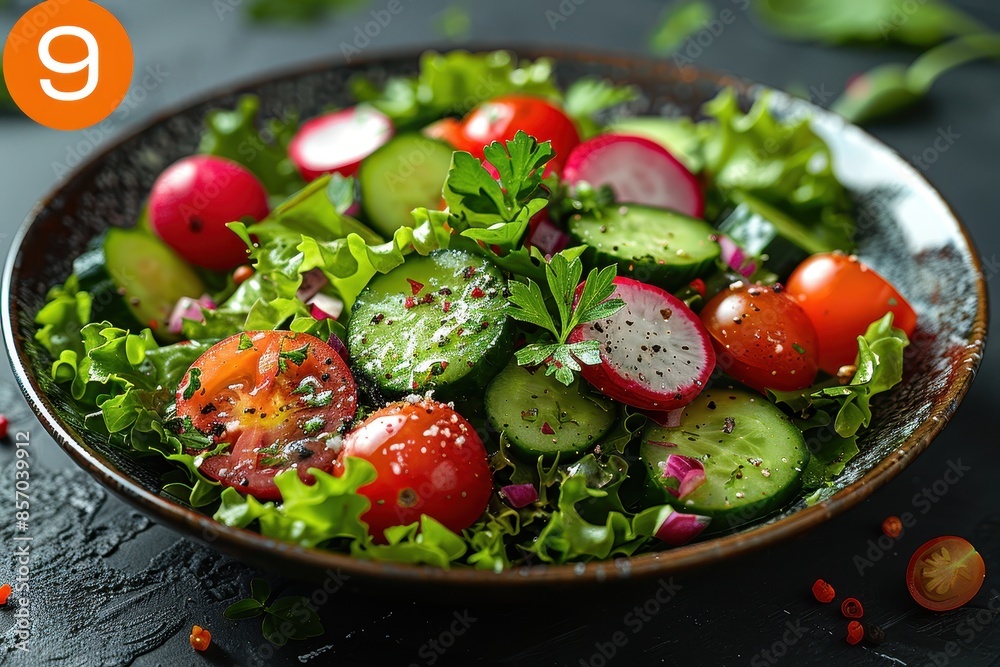 A fresh vegetable salad with lettuce, cherry tomatoes, cucumbers, radishes, and a light vinaigrette dressing, garnished with herbs. A fresh vegetable salad with lettuce, cherry tomatoes, cucumbers, radishes, and a light vinaigrette dressing, garnished with herbs.
