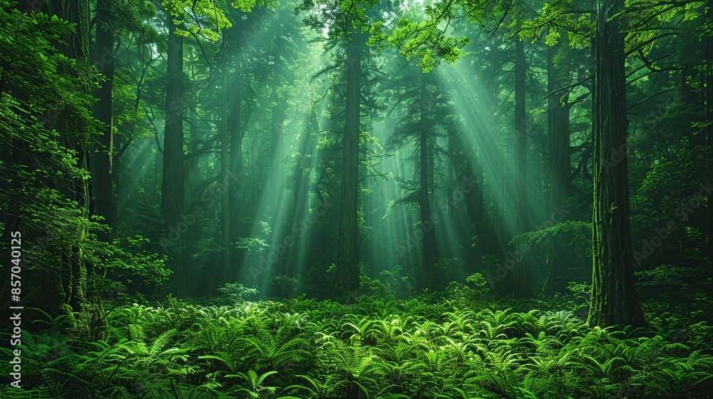 Obraz premium Towering redwood forests reaching for the sky, their ancient trunks cloaked in moss and ferns, shafts of sunlight filtering through the dense canopy, creating an ethereal atmosphere. Illustration,