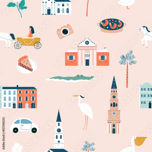 Seamless pattern with famous symbols and landmarks of Charleston, South Carolina