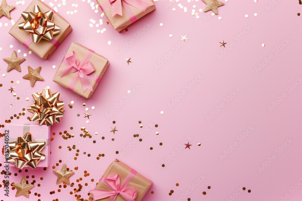 Elegant gift boxes with gold ribbons and confetti on pastel pink background with copyspace, flat lay top view design for birthday, wedding, hen-party celebration Elegant gift boxes with gold ribbons and confetti on pastel pink background with copyspace, flat lay top view design for birthday, wedding, hen-party celebration