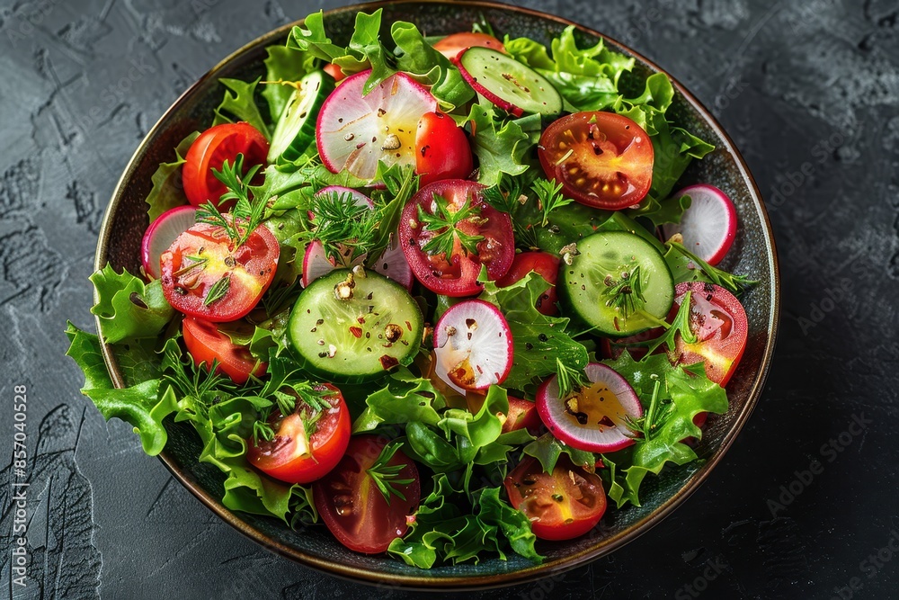 A fresh vegetable salad with lettuce, cherry tomatoes, cucumbers, radishes, and a light vinaigrette dressing, garnished with herbs. 