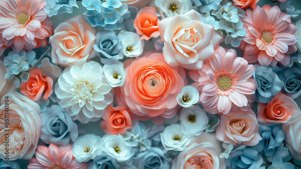Close-up floral background, pattern with top view of different flowers in pastel colors. Close-up floral background, pattern with top view of different flowers in pastel colors.
