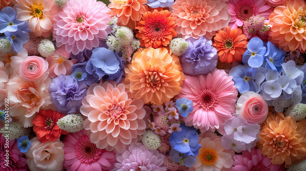 Close-up floral background, pattern with top view of different flowers in pastel colors. Close-up floral background, pattern with top view of different flowers in pastel colors.