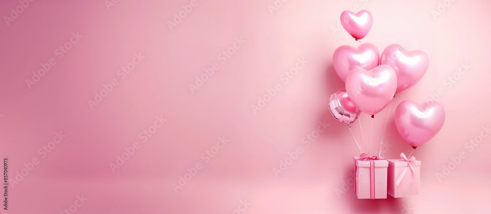 Pink heart-shaped balloons with gifts and confetti on a pink background with copyspace, composition for romantic celebrations, Valentine's Day, anniversary Pink heart-shaped balloons with gifts and confetti on a pink background with copyspace, composition for romantic celebrations, Valentine's Day, anniversary