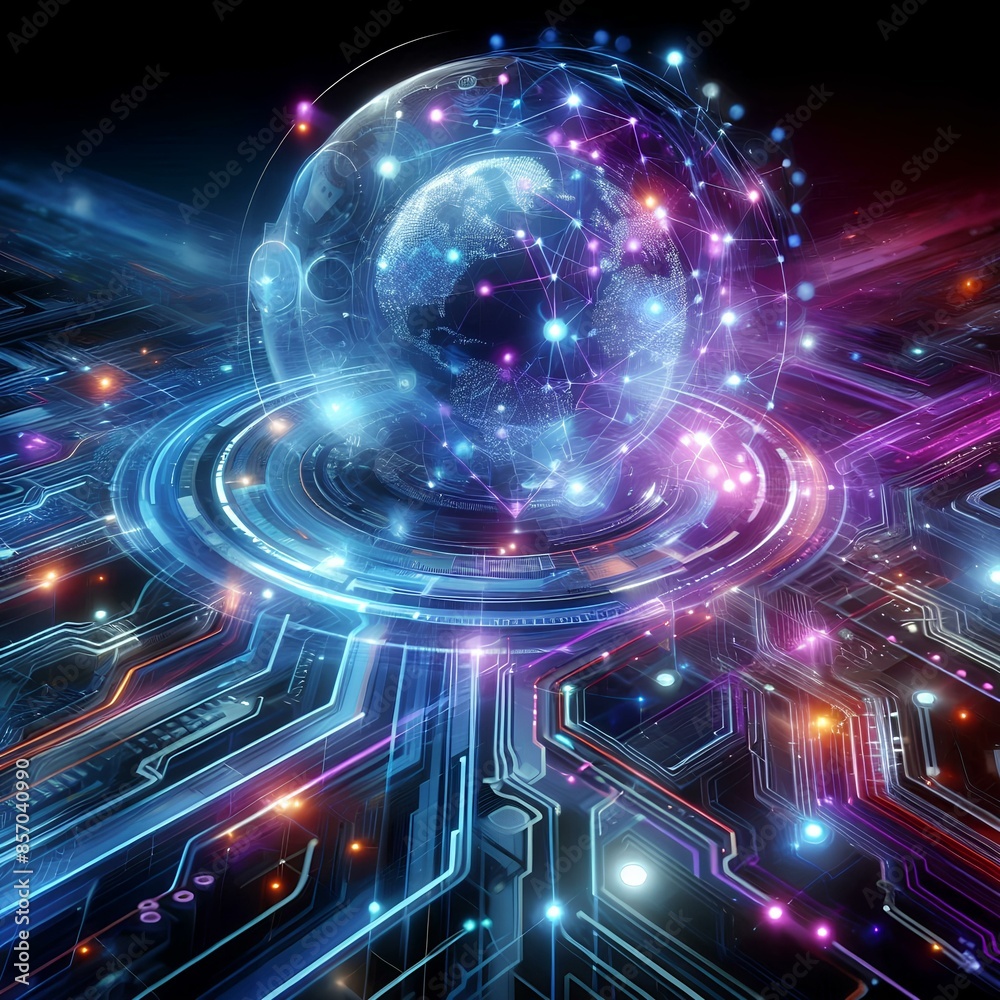 Obraz premium Futuristic Digital Globe Network with Circuitry and Light Connections background. Digital Connections and Vibrant Circuitry in a Technological Landscape.