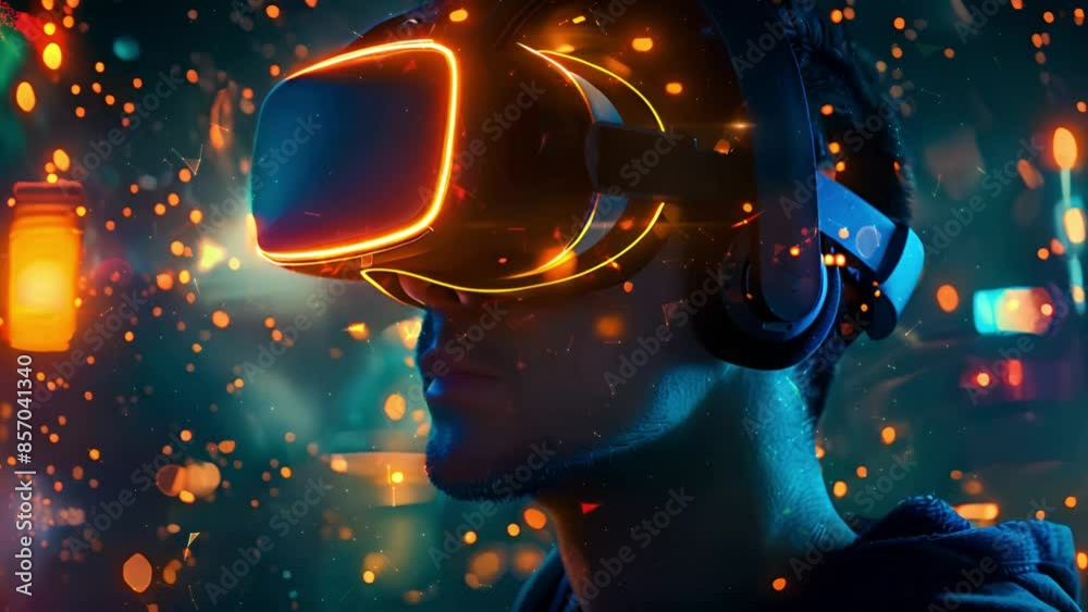 Cyber gamer in VR glasses plays virtual reality game in neon futuristic ...