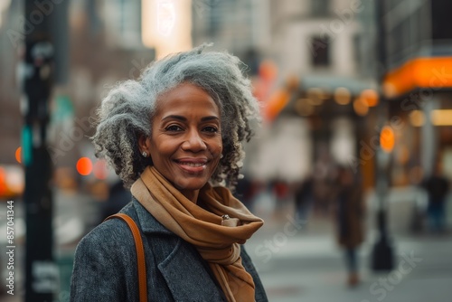 Portrait of a beautiful senior African American woman with grey hair walking in the street, wearing business casual attire and smiling at the camera, City background. © James