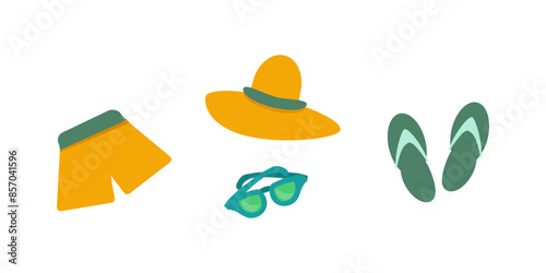 Summer beachwear and leisure accessories - brimmed hat, shorts, sunglasses and flip flops - vector flat illustration
