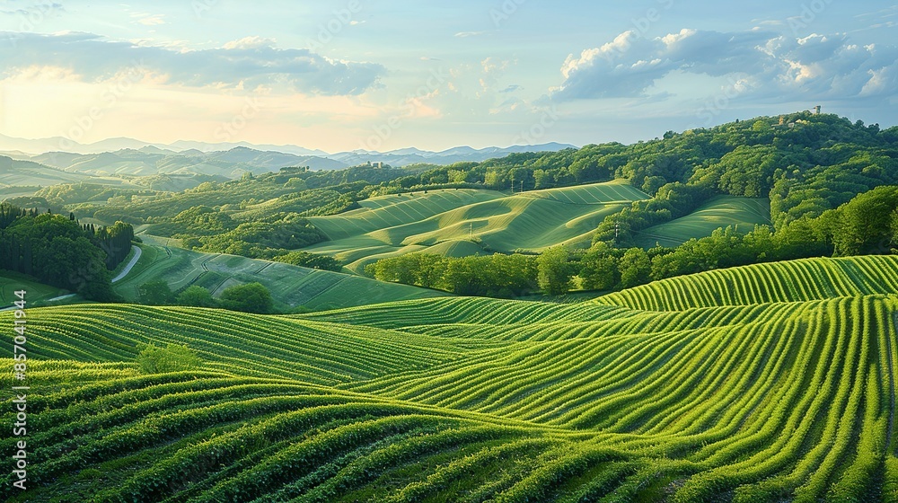 Picturesque farmland stretching towards the horizon, neat rows of crops swaying gently in the breeze, a timeless scene of rural life and agricultural abundance. Illustration, Minimalism, Picturesque farmland stretching towards the horizon, neat rows of crops swaying gently in the breeze, a timeless scene of rural life and agricultural abundance. Illustration, Minimalism,