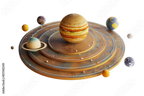 Colorful model of the solar system featuring planets orbiting around the sun on a wooden circular base, highlighting planetary positions. photo