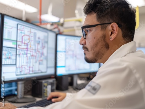 Innovative Engineering: Engineer Performing Software Simulation on High-Performance Computer in Modern Office Setting