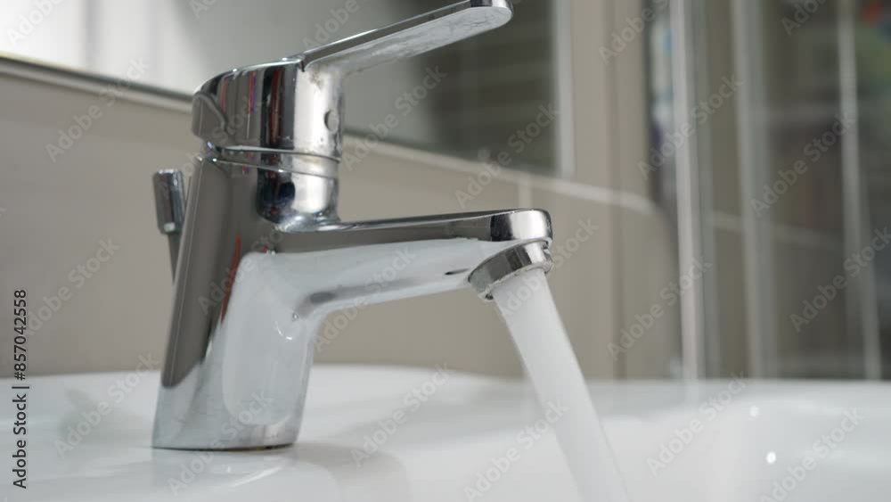 Hand close up water from faucet in sink, faucet,man stop wasting water, flood, running water for washing in hotel bathroom Hand close up water from faucet in sink, faucet,man stop wasting water, flood, running water for washing in hotel bathroom