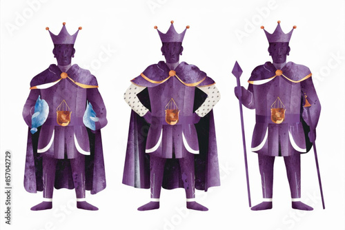 A set of king in different poses, watercolor kings art
