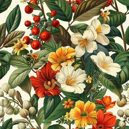 Colorful floral pattern with various flowers and leaves, ideal for botanical and nature-themed designs.