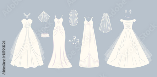 Wedding dresses and accessories. Vector isolated illustration. Design element for wedding concept and