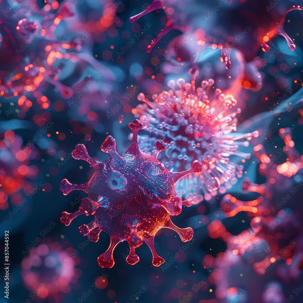 Microscopic view of a virus, showcasing its structure and details. A scientific image depicting the intricate design of viral particles.