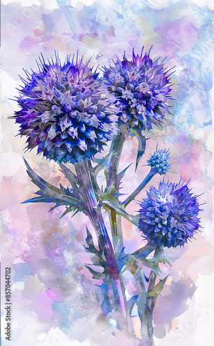 Watercolor painting of the purple spherical blooms on a Globe Thistle plant.