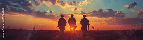 Silhouette of three soldiers walking at sunset across a field with vibrant colors in the sky, symbolizing bravery and camaraderie.
