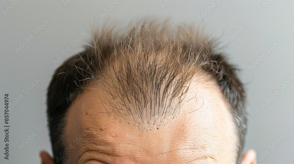 Close-up of a man's receding hairline showing signs of hair loss Close-up of a man's receding hairline showing signs of hair loss