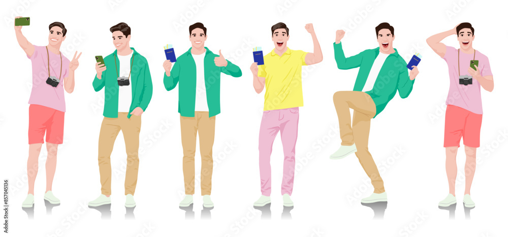 Obraz premium Young man tourist with camera and smartphone. Male in casual clothes with a suitcase, passport, and tickets. Young male traveler goes on a journey. Vector illustration set isolated on white
