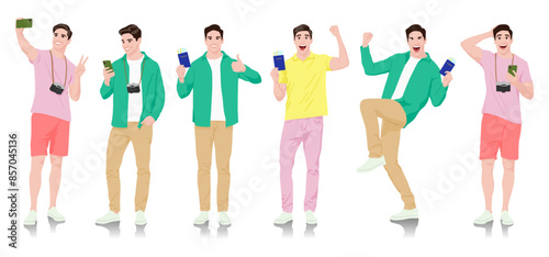 Young man tourist with camera and smartphone. Male in casual clothes with a suitcase, passport, and tickets. Young male traveler goes on a journey. Vector illustration set isolated on white