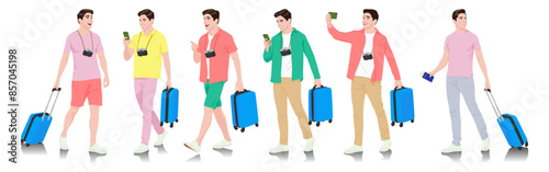 Young man tourist with camera and smartphone. Male in casual clothes with a suitcase, passport, and tickets. Young male traveler goes on a journey. Vector illustration set isolated on white